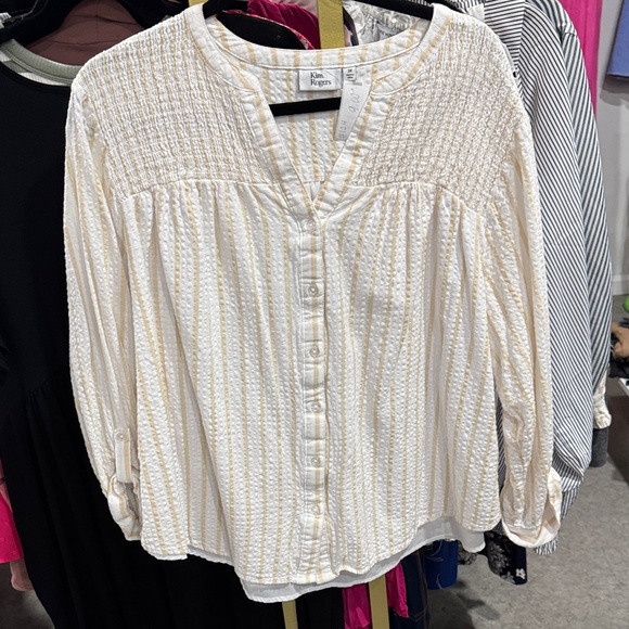Kim Rogers Tops - Kim Rogers Cream and Yellow Striped Button-Front Blouse